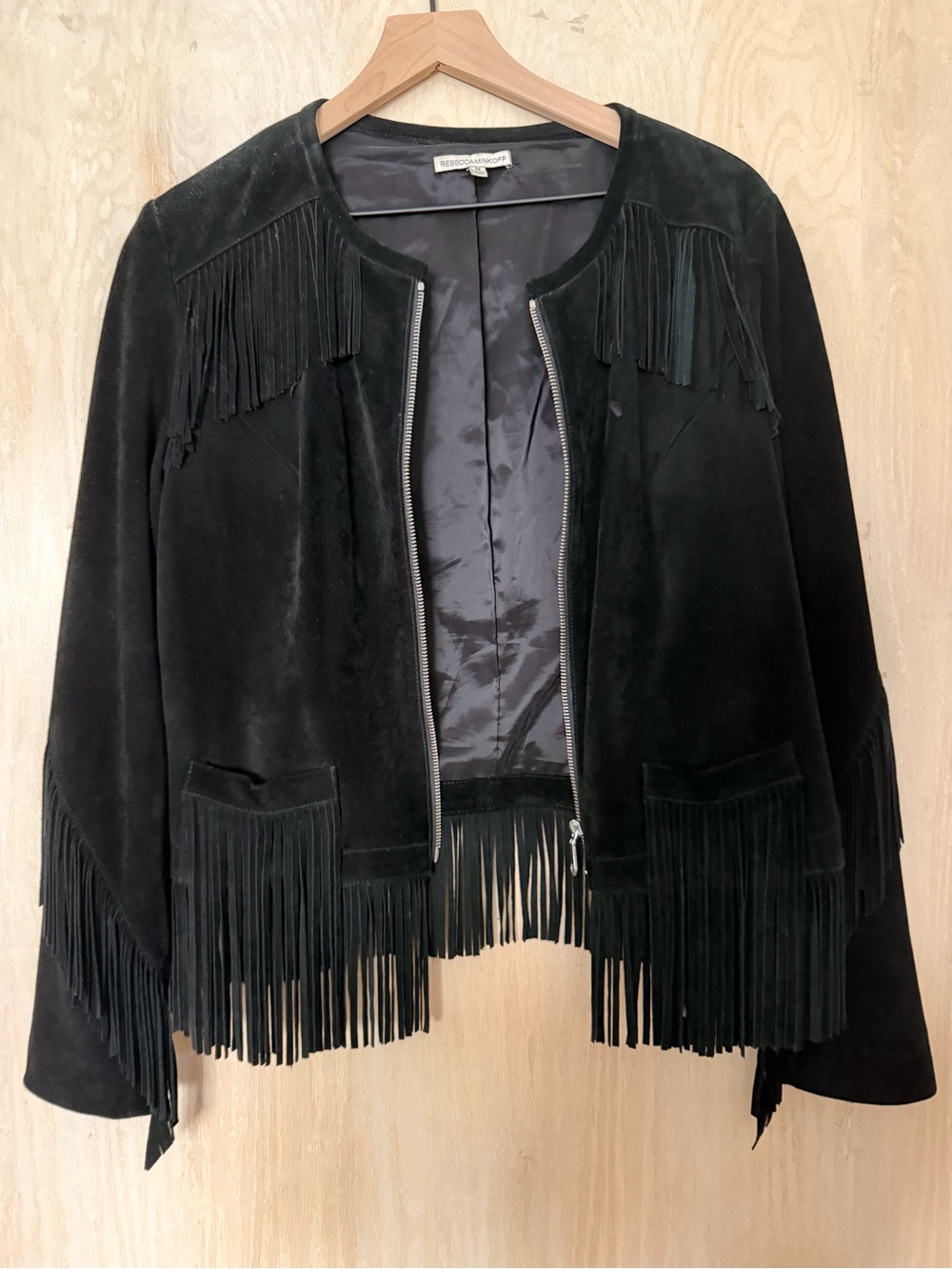Rebecca Minkoff Black Suede Fringe Zip Jacket